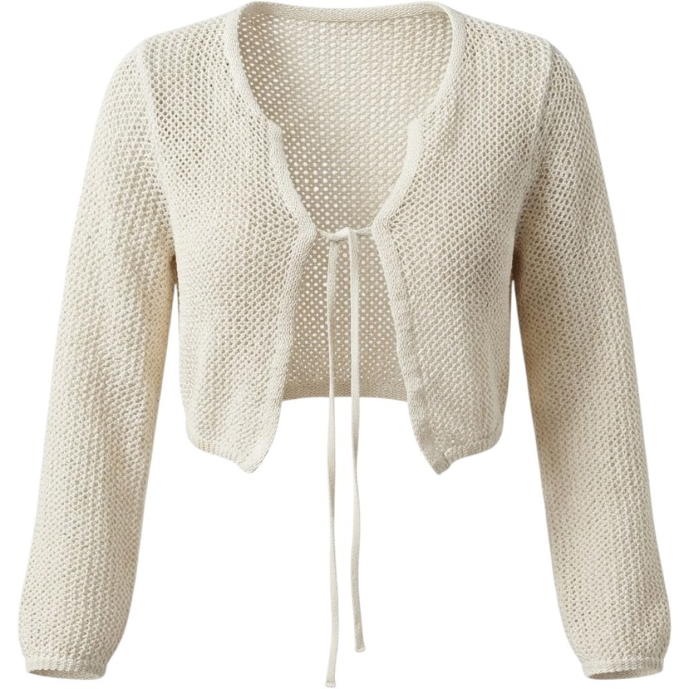 XSIDE LC Waikiki Women Light Beige Crochet Knit Cropped Tie Front Shrug Large